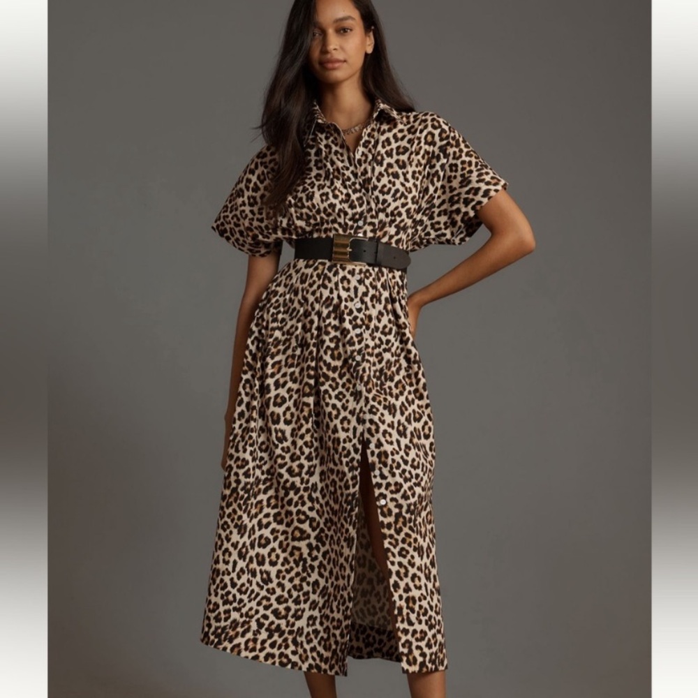 NWOT Anthropologie Exquise Tobie Leopard Animal Printed Pleated Shirt Dress S